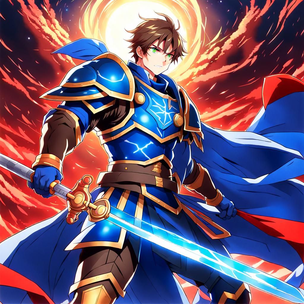 Anime Warrior with Sword Under Red Lightning