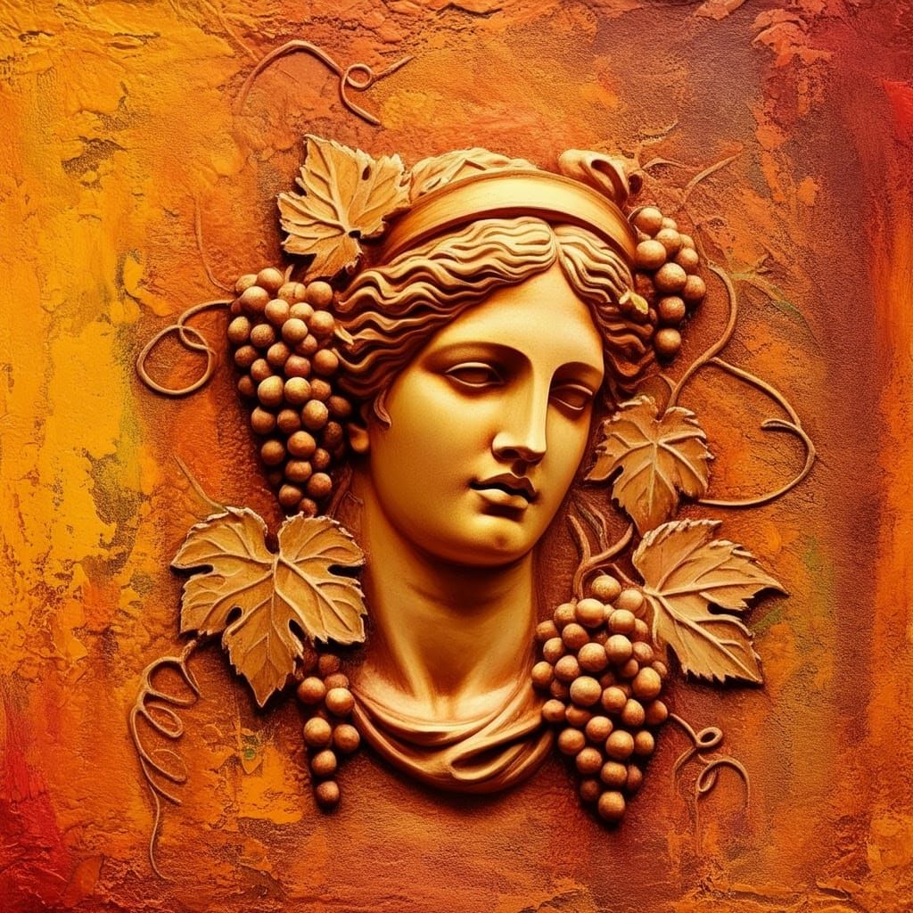 Ancient Goddess in Vibrant Plaster Relief with Grapevine Mot...