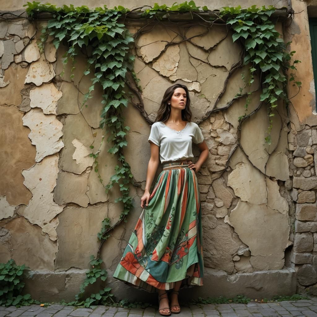 Woman by Vine-Covered Wall in Romantic Style