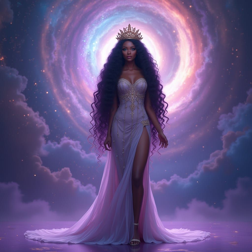 A Black woman with long flowing hair and striking emerald ey...