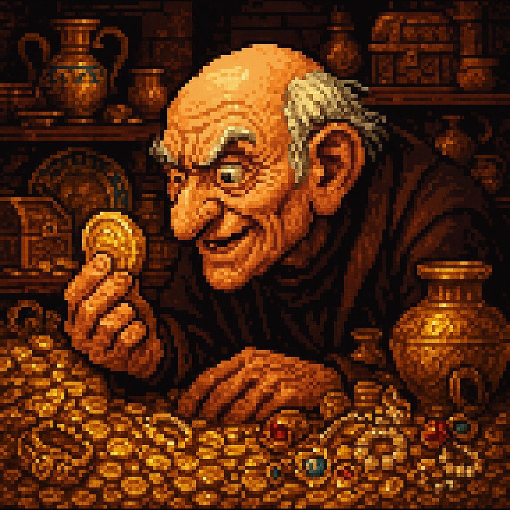 Greedy Rich Man Inspects Coin in 8-bit Pixel Art