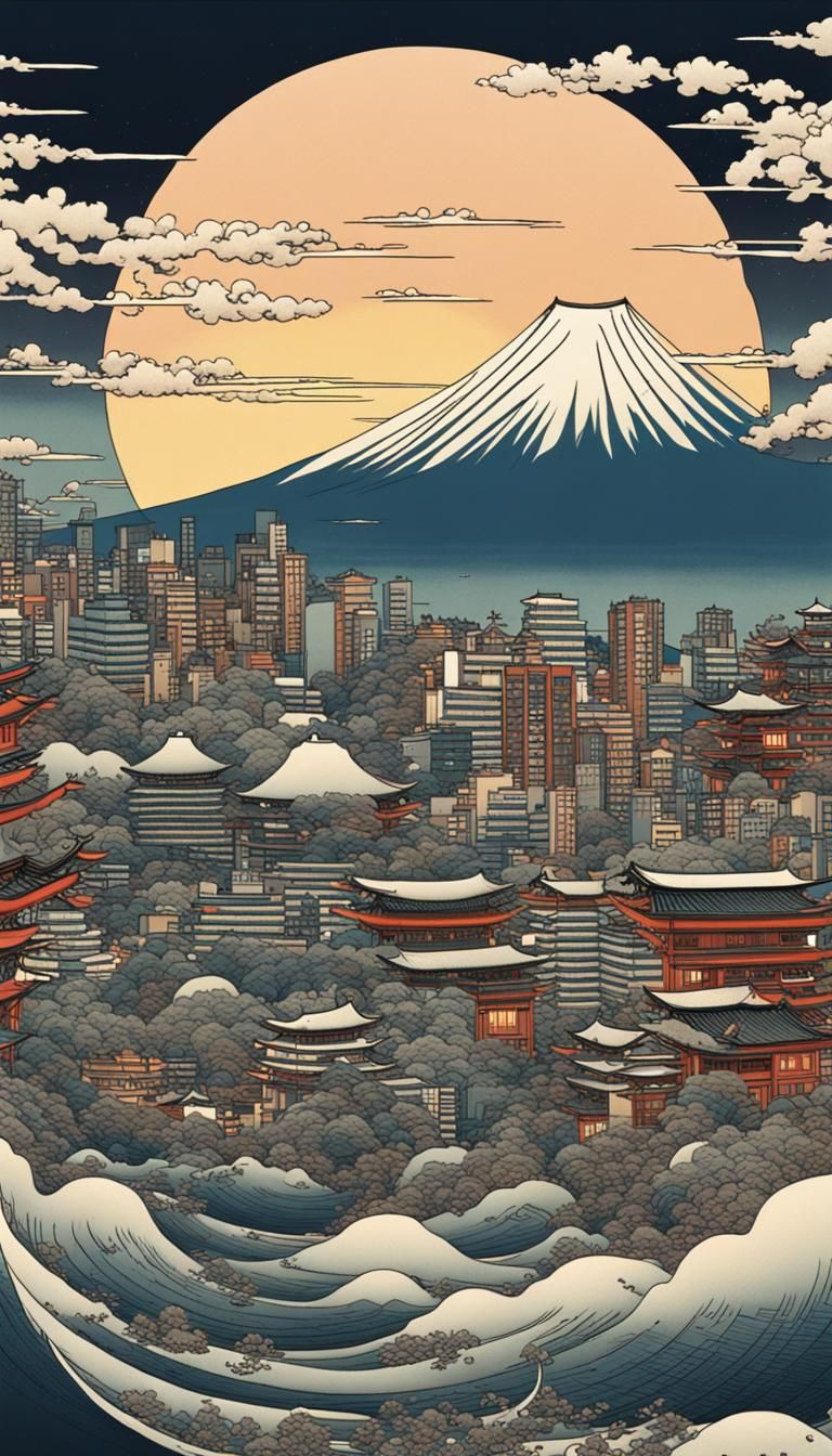 Modern Japanese City at Night in Ukiyo-e Style