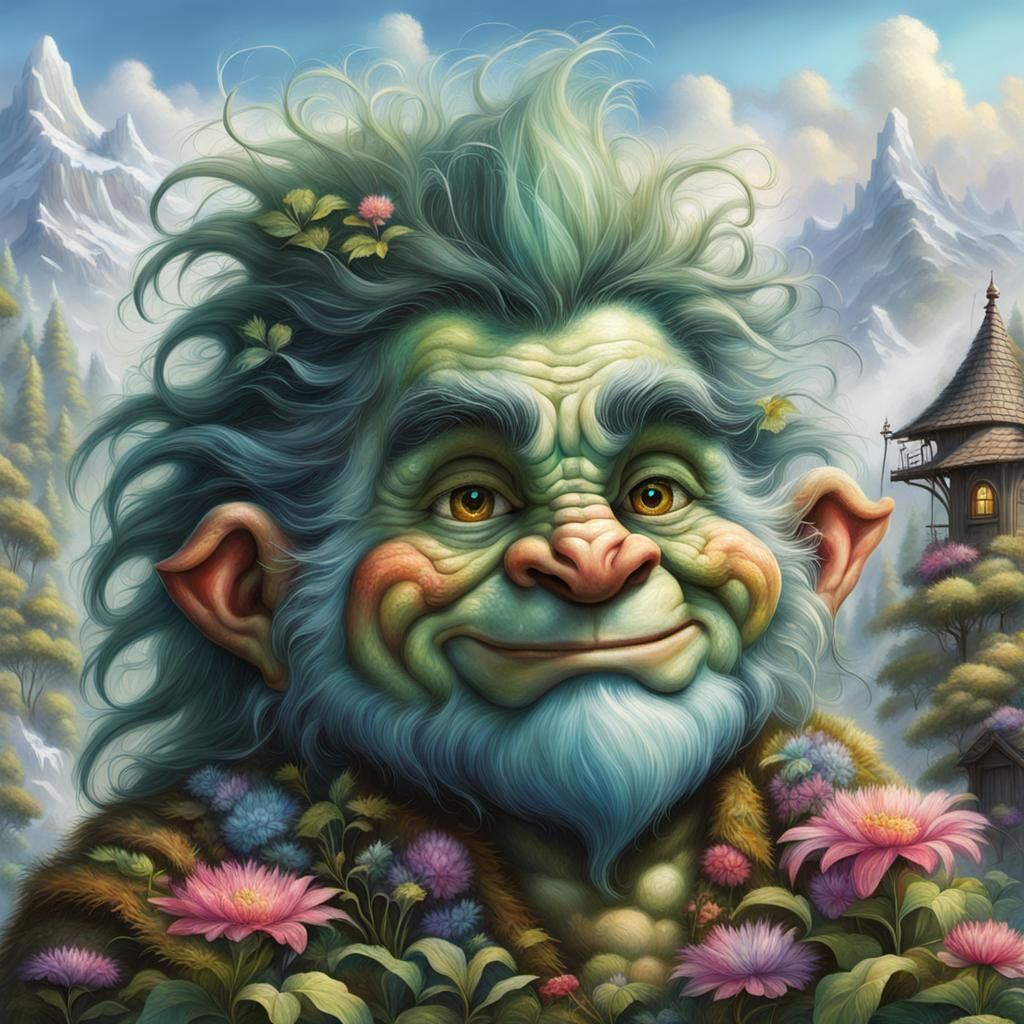 Vibrant Troll with Bushy Eyebrows in Ethereal Landscape
