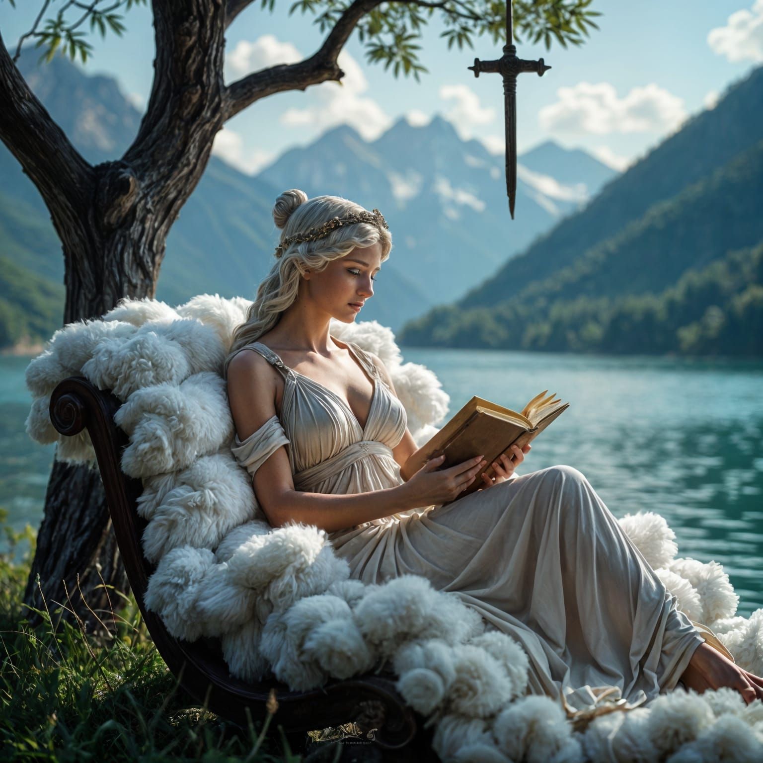 Athena, Goddess of Wisdom, Reading on Clouds