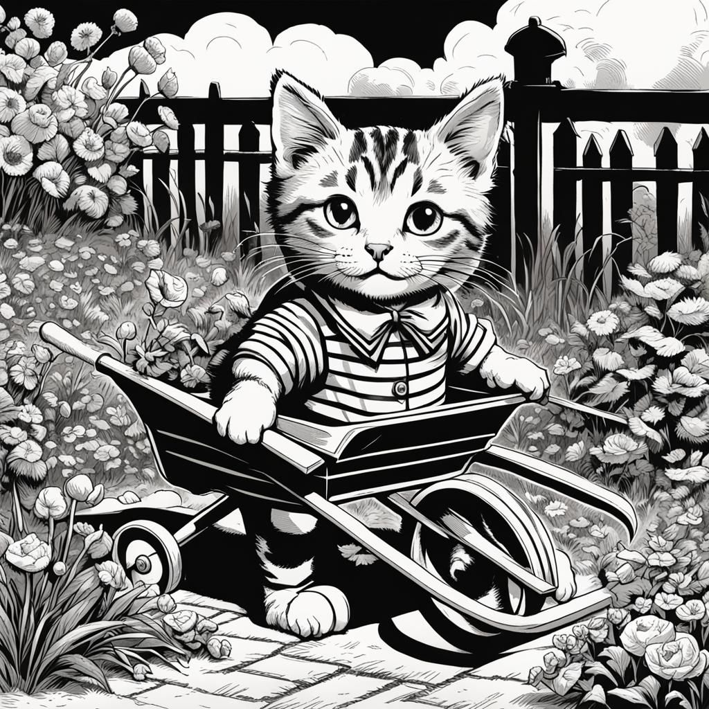 Kitten Gardener in Sailor Suit, Tenniel Style Drawing