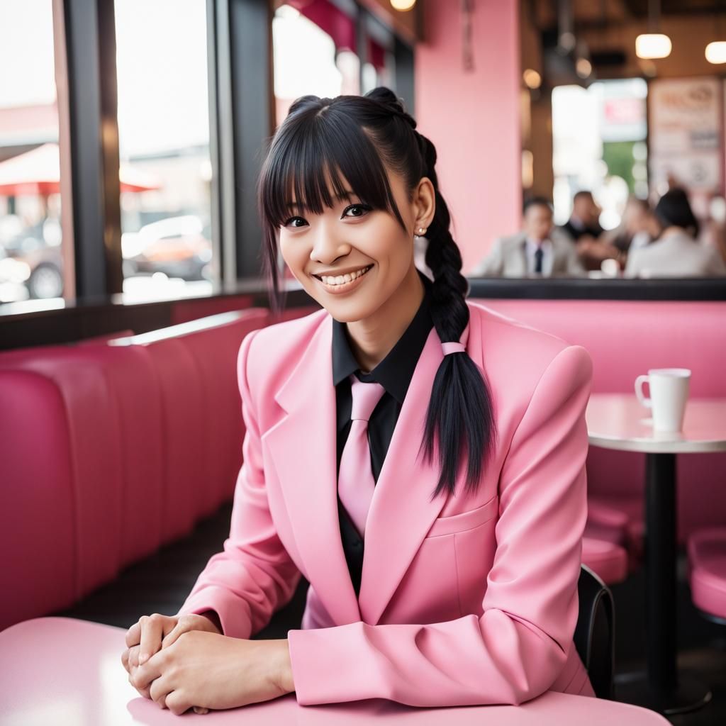 Woman in Pink Suit with Pigtails at Cafe