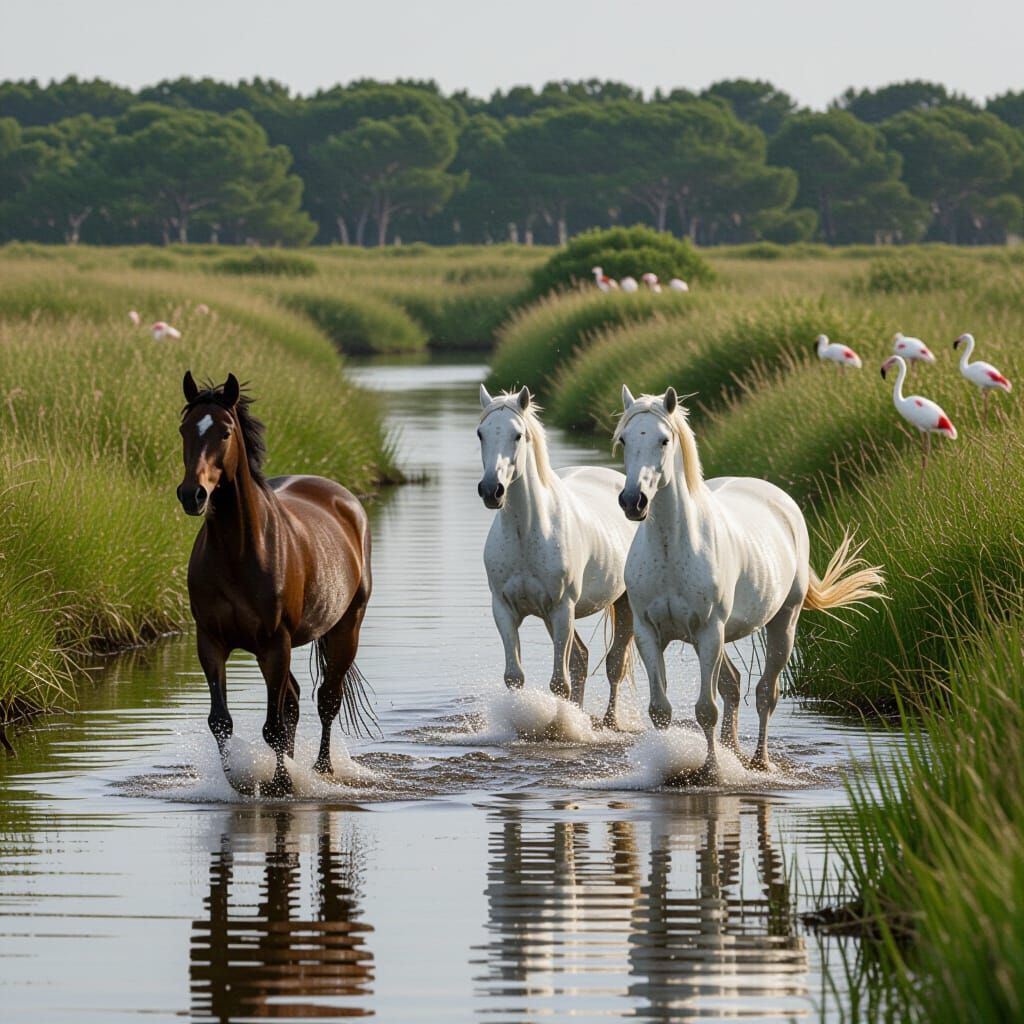 Camargue Horses in Marsh with Flamingos
