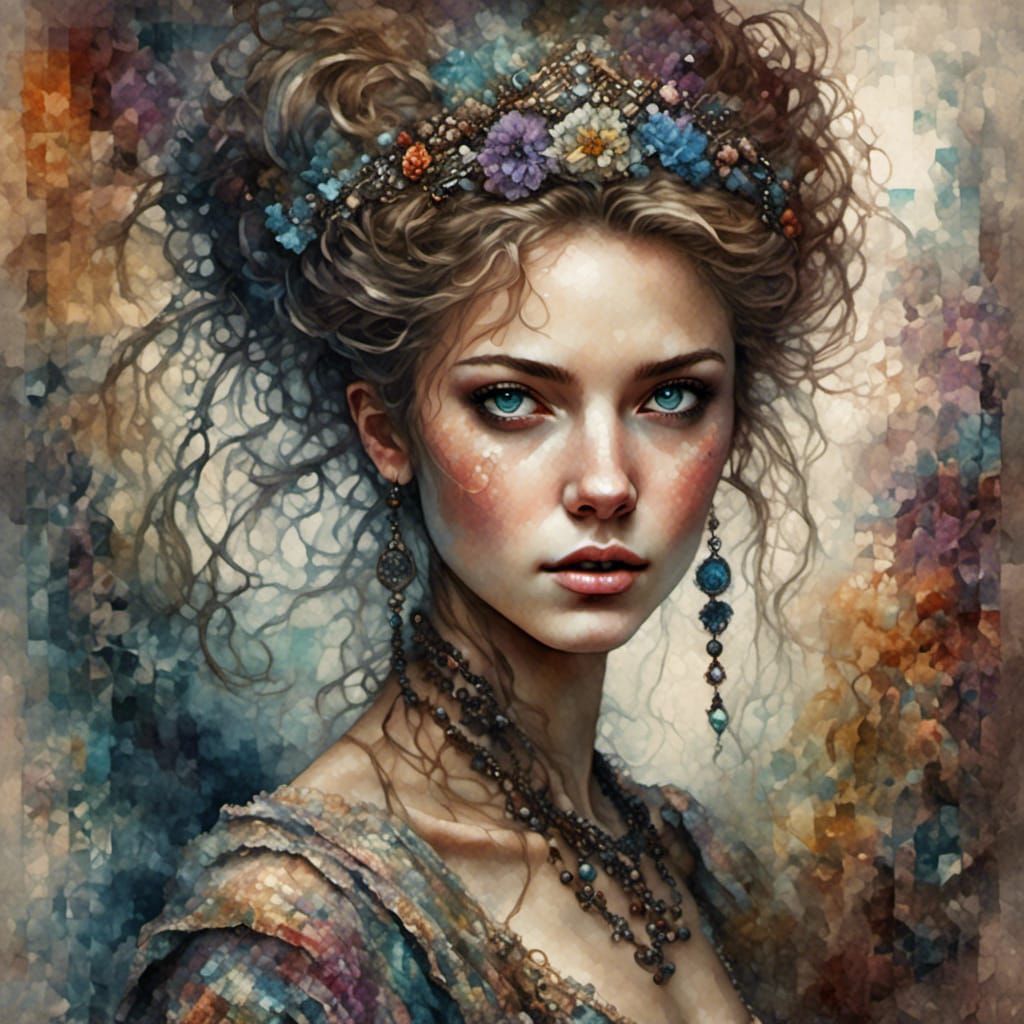 Aristocratic Beauty in Mixed Media Masterpiece