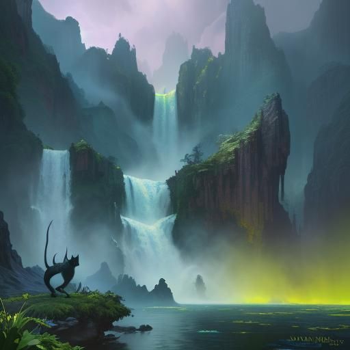 Fantastical Hybrid Creatures Gather Under Waterfall