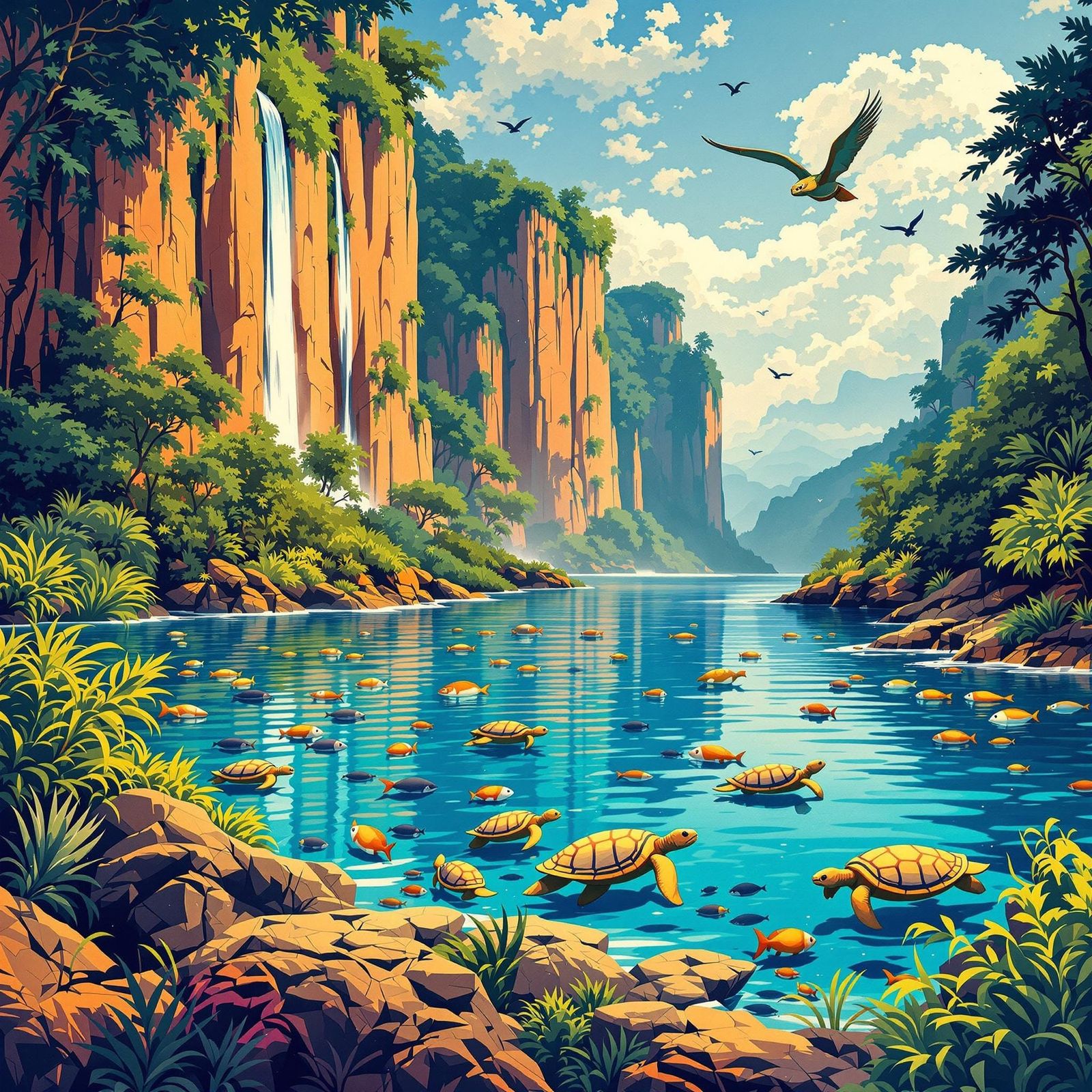 Prehistoric Lagoon with Pterodactyls in Art Deco Style