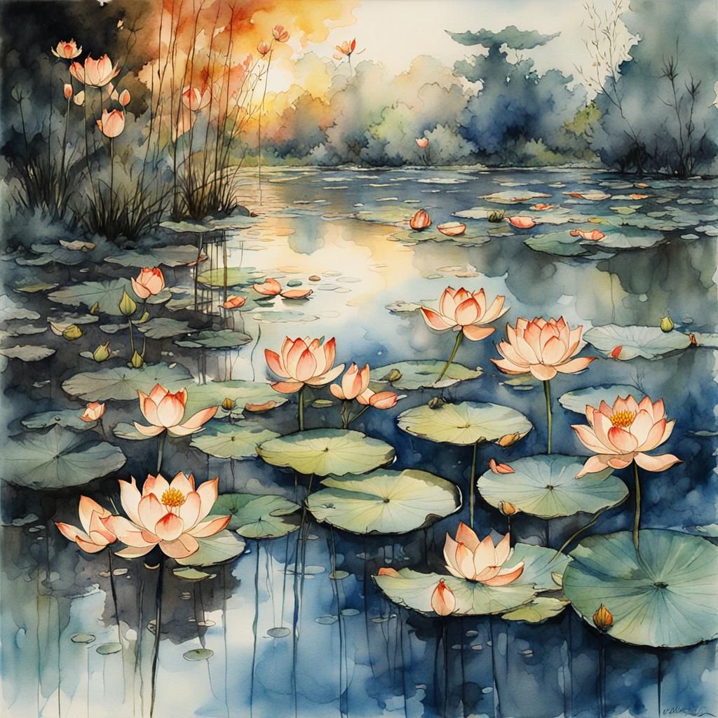 Glowing Lotuses in Watercolor Painting
