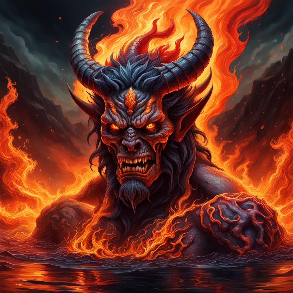 Hyperrealistic Demon Casts Souls into Lake of Fire