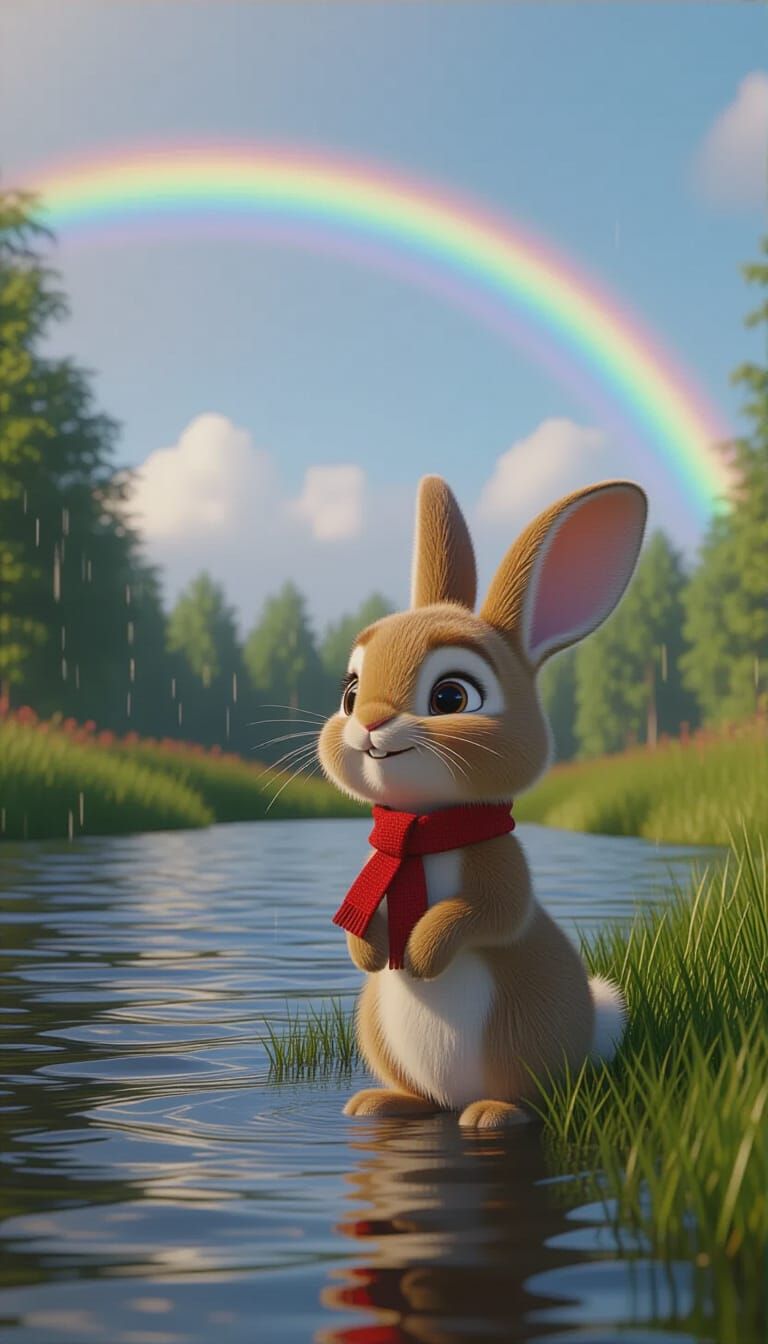 Pixar-Style 3D Rabbit with Rainbow After Rain