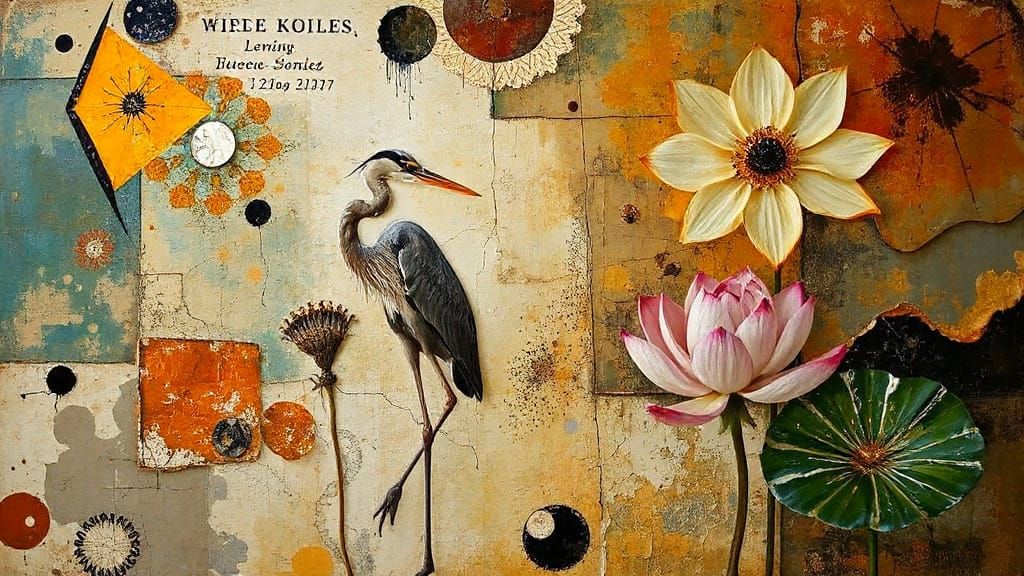 Heron and Lotus in Distressed Encaustic Style