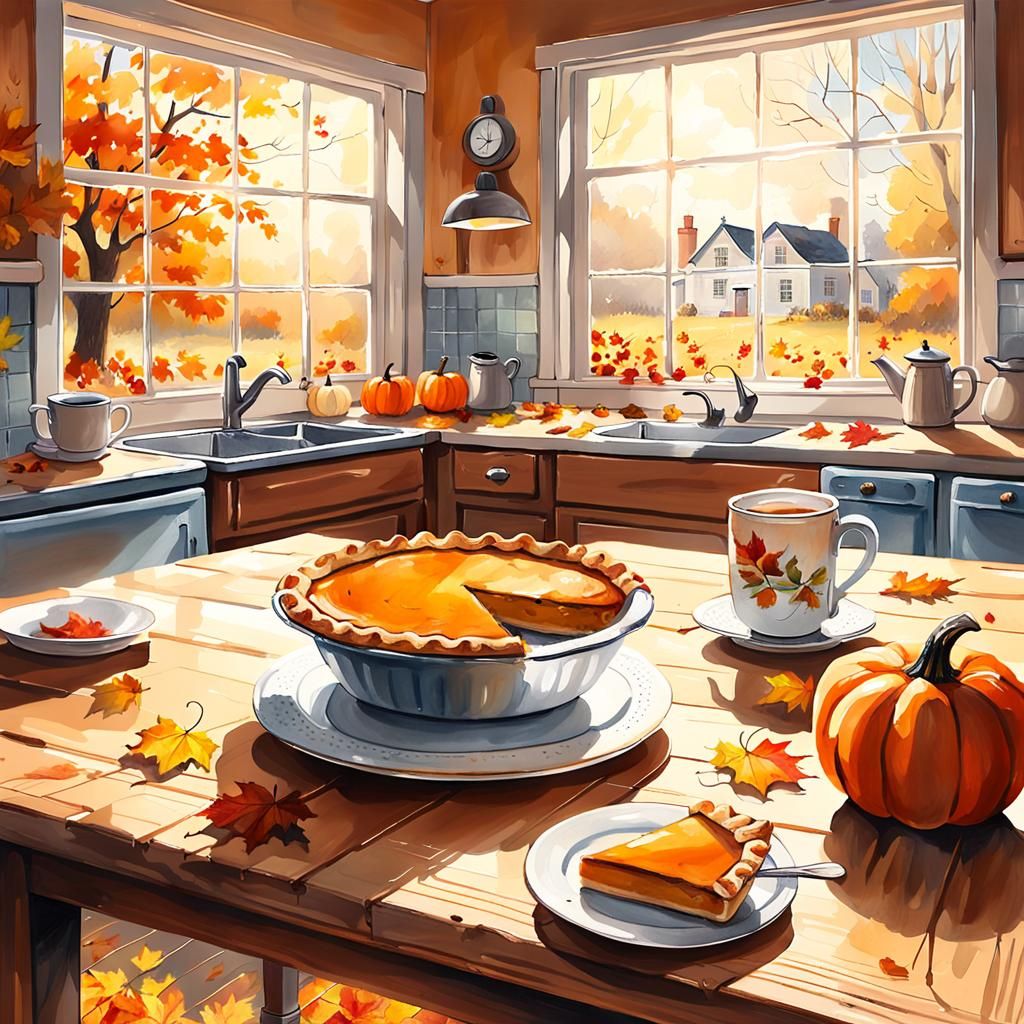 Cozy Autumn Kitchen with Pumpkin Pie: Watercolor Sketch