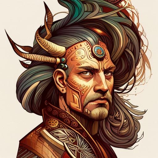 Steampunk Aztec Viking Warrior in Digital Painting