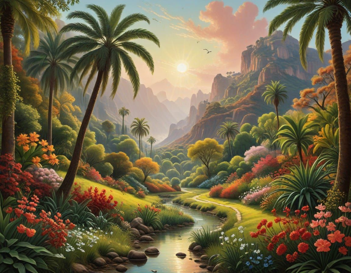 Vibrant Garden Landscape in Nature-Inspired Art Style