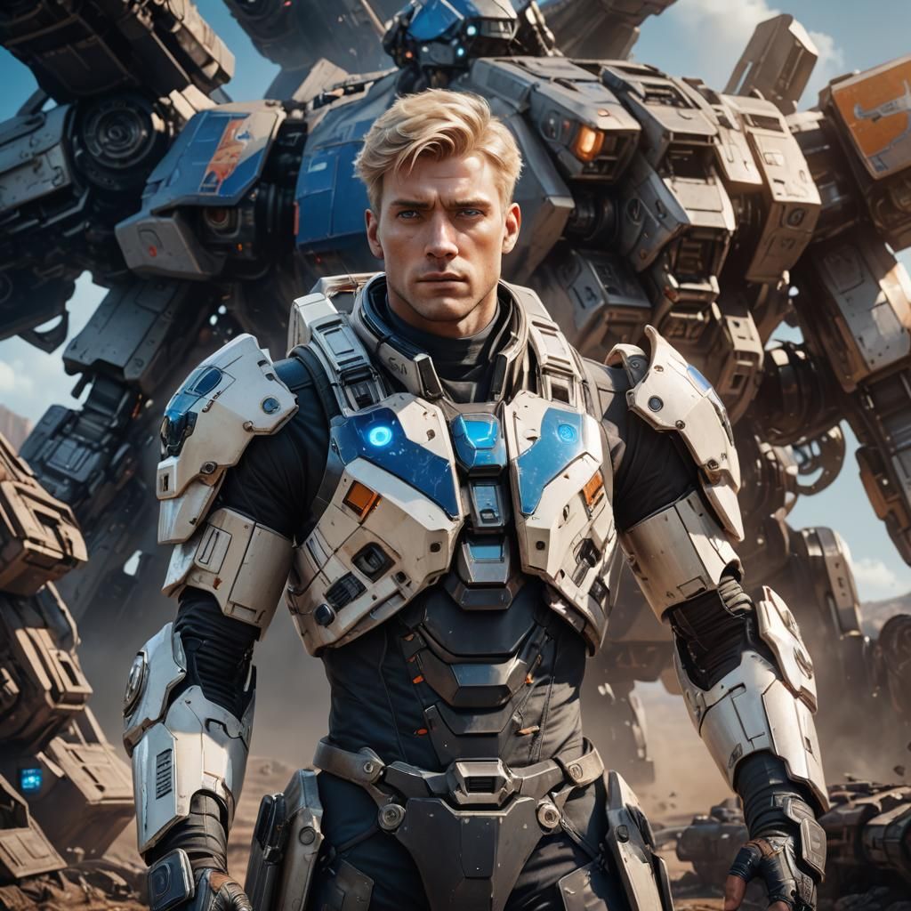 Handsome Space Fighter Pilot with Mech in Matte Painting