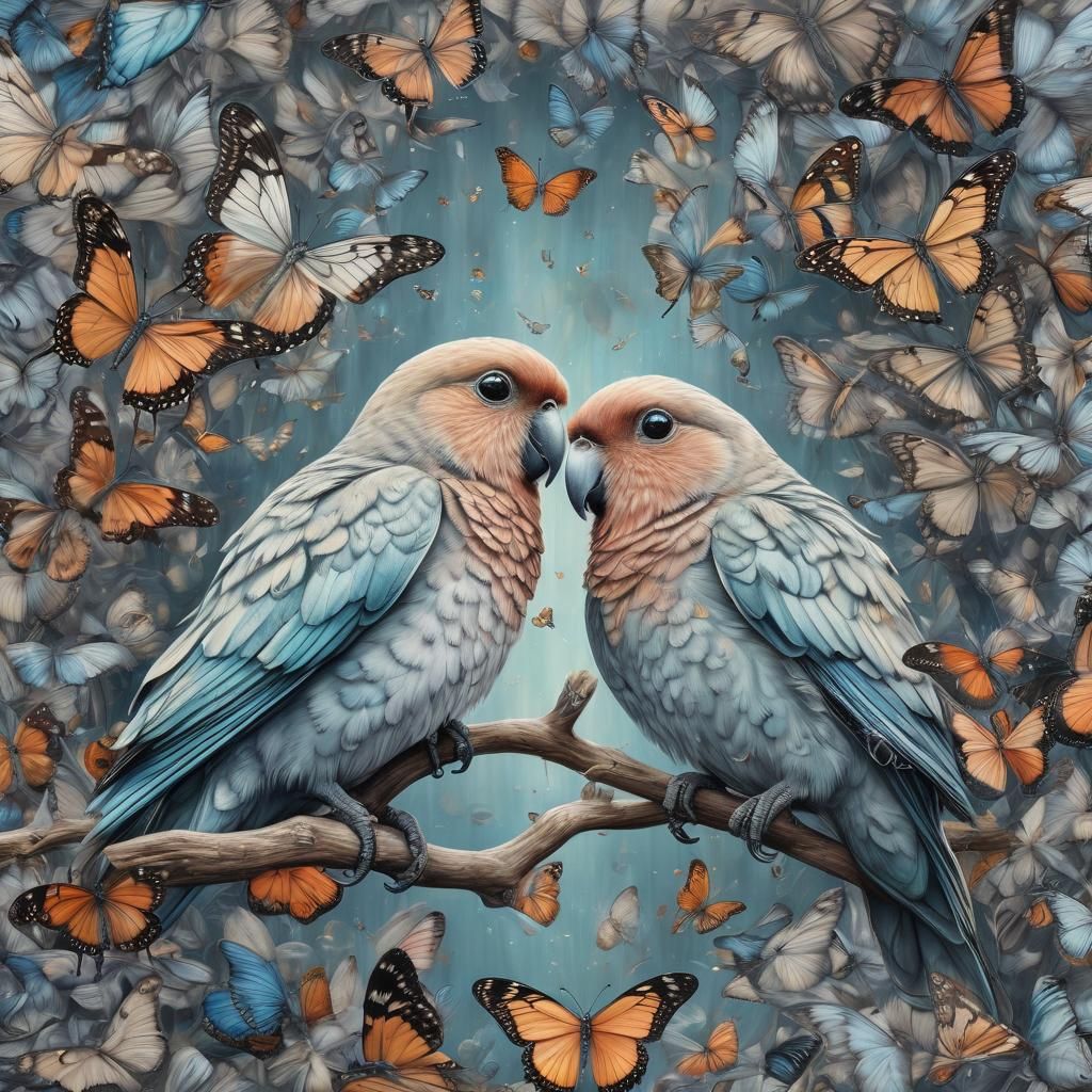 Love Birds Evolving into Butterflies: Pencil Drawing