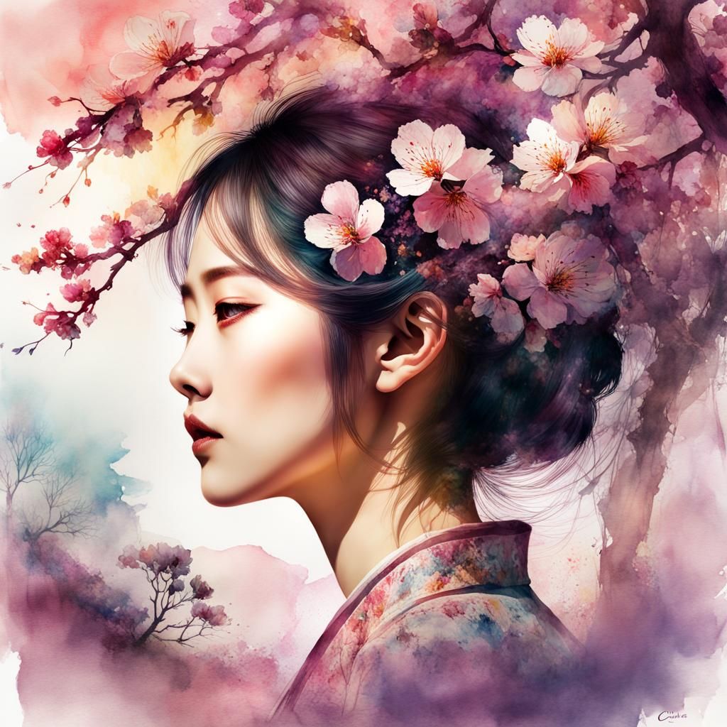 Korean Plum Tree Sunset in Watercolor Style