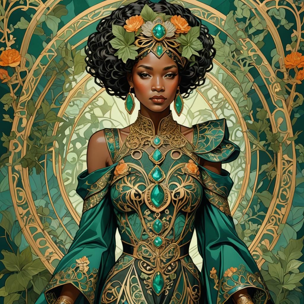 Art Nouveau Empress Runway Fashion in Emerald and Gold