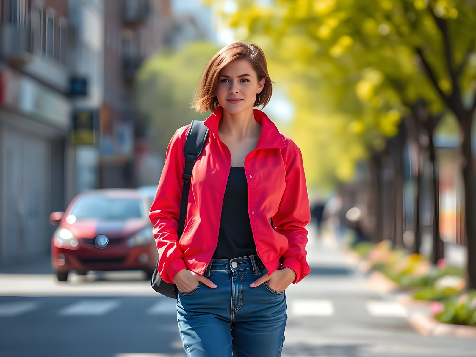 Sunny Spring Street Scene with Beautiful Woman