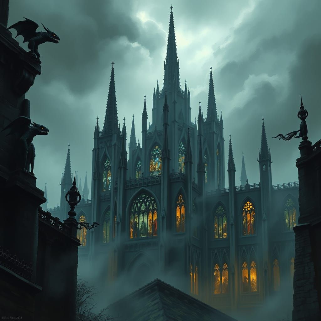 Gothic Cathedral Rising from Misty Moor