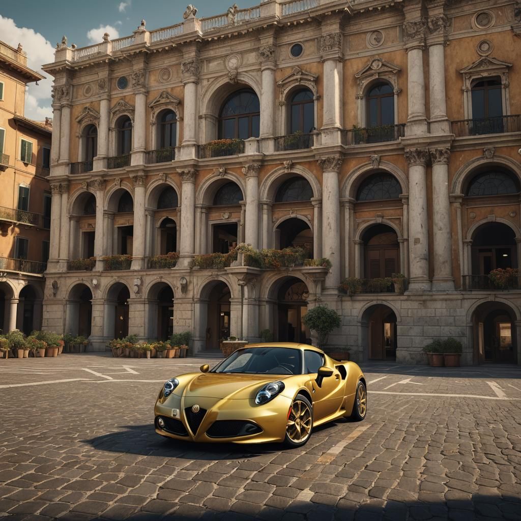 Gold Alfa Romeo 4C in Italian Plaza