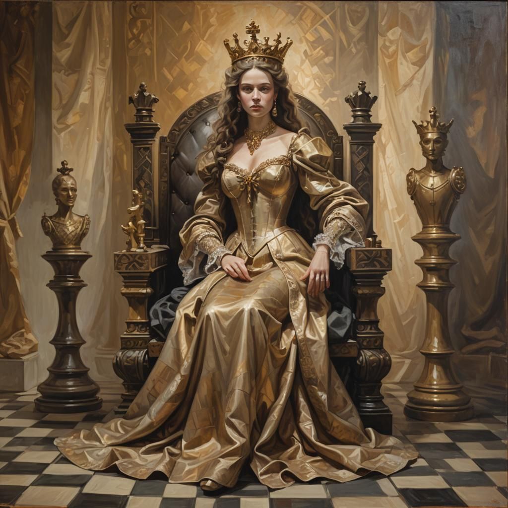 Regal Chess Queen on Throne: Oil Painting
