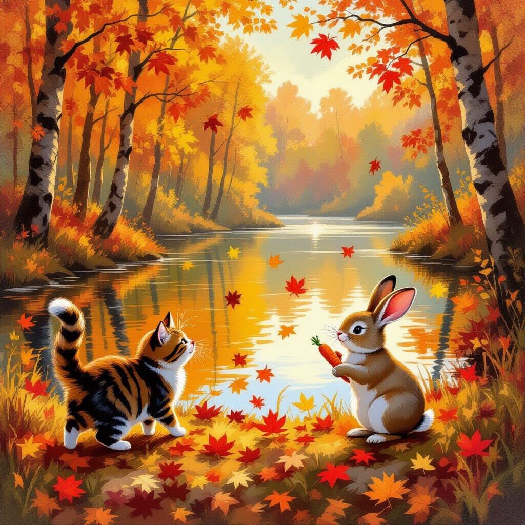 Autumn Forest Scene with Cat, Rabbit, and Lake