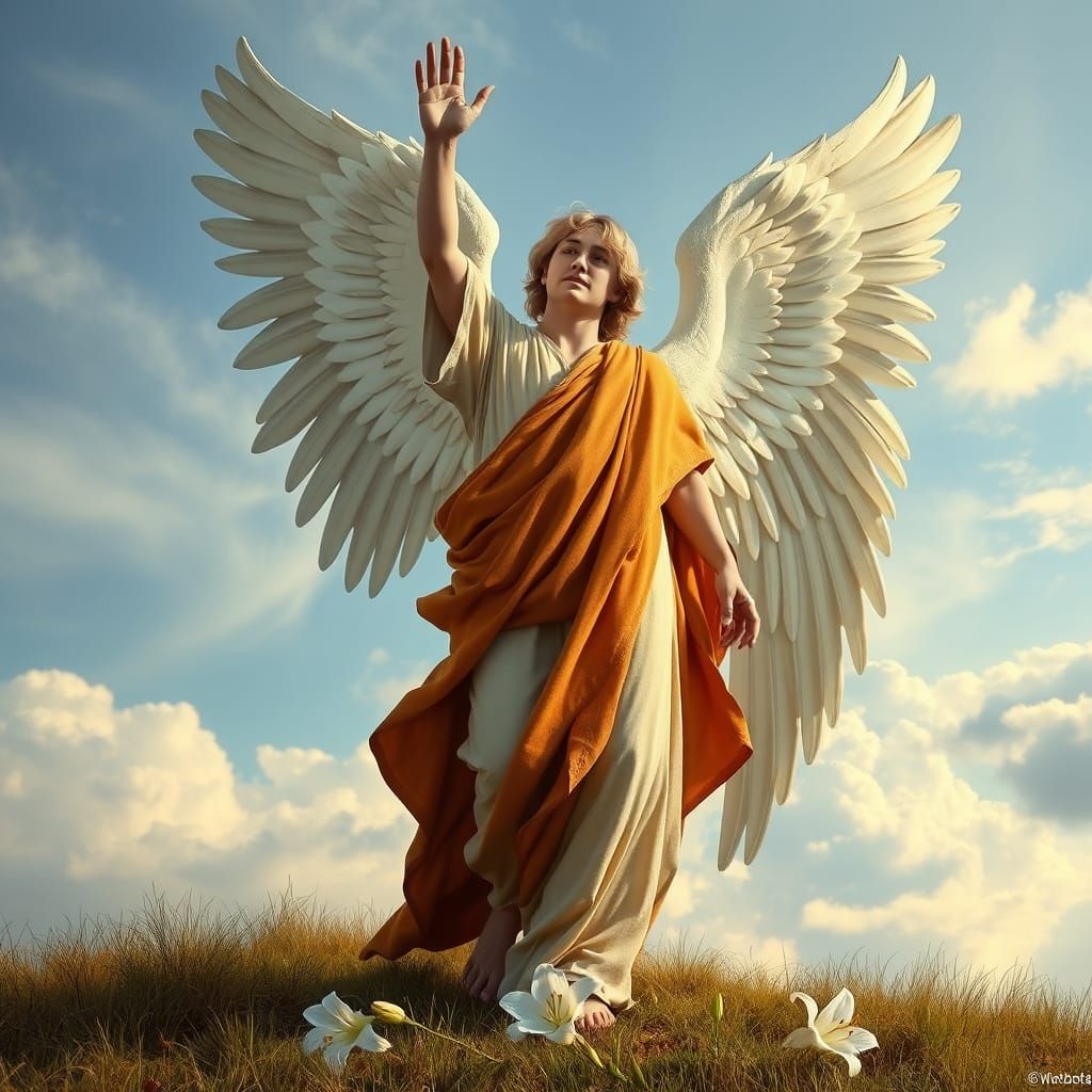 Serene Angel Descends with Outstretched Hand in a Garden Set...