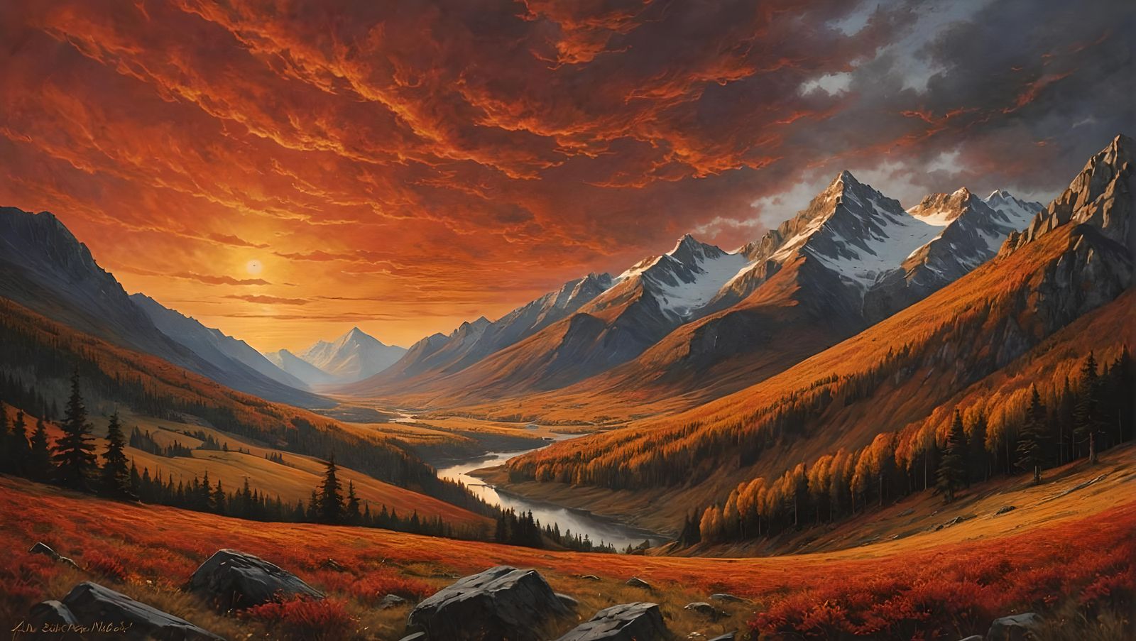Epic Autumn Landscape with Flaming Sky in Fantasy Style