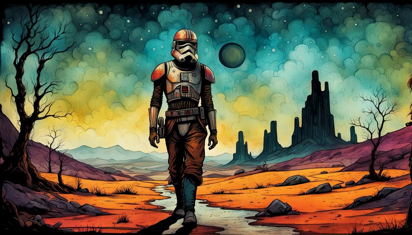 Star Wars Smuggler and Droid Watercolor Fantasy Art