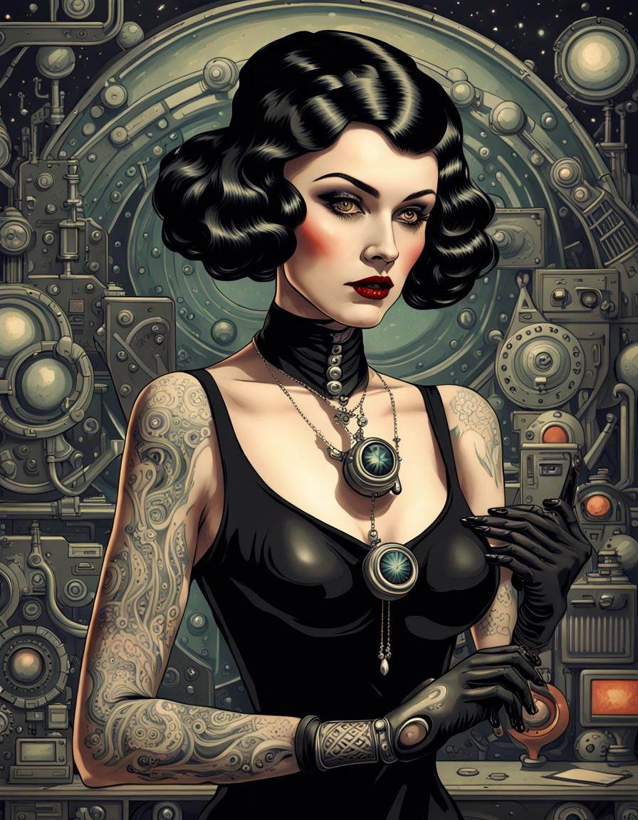 Edwardian Goth Woman Fixing Retro Technology