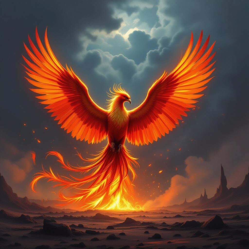 Majestic Phoenix Ignites Ash Landscape in Baroque Style