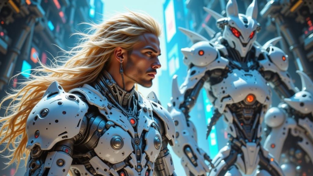 Soldier in White Armor Battles Tachikoma Mech