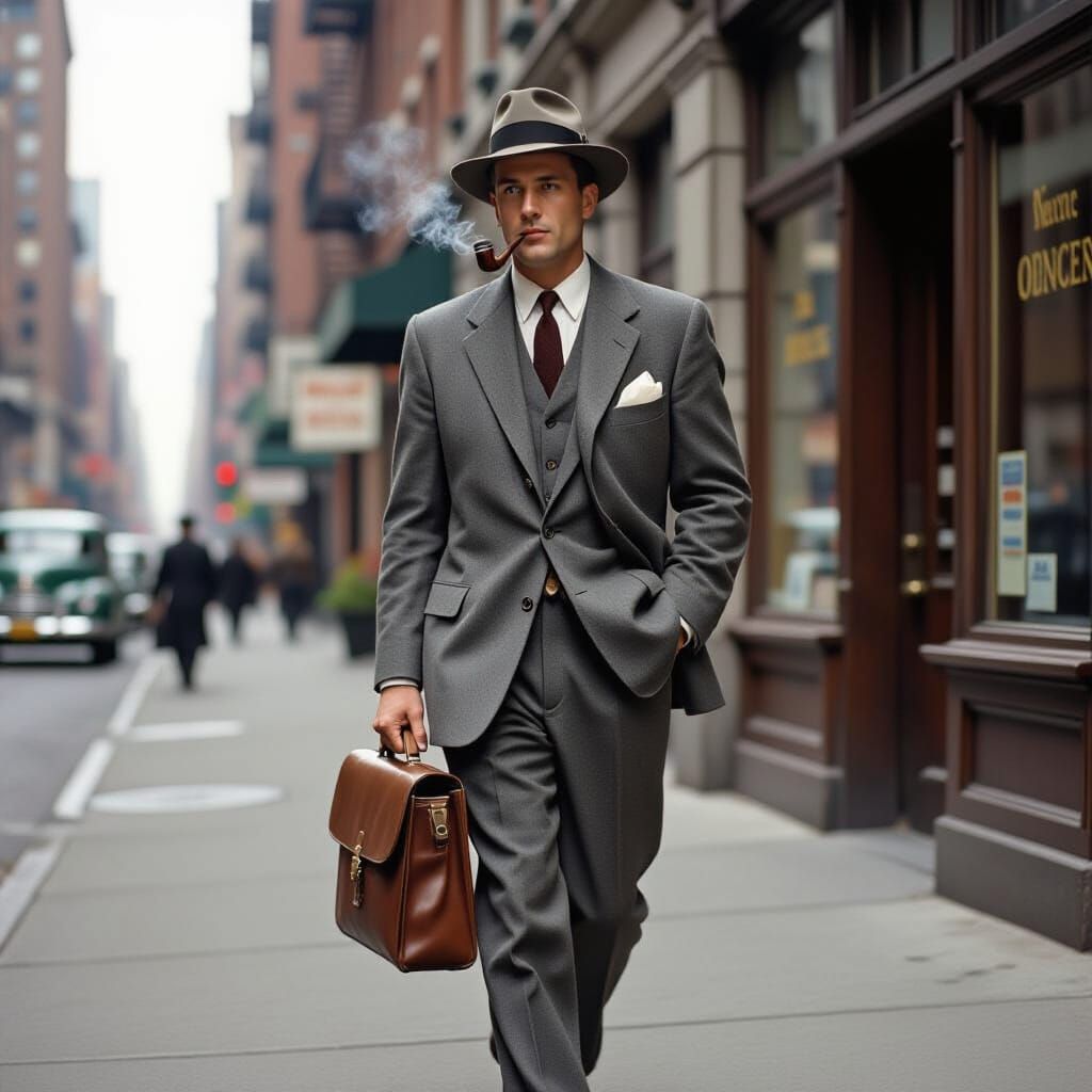 1950s Businessman in NYC, Nostalgic Illustration