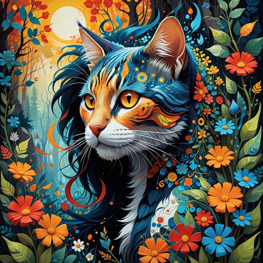Vibrant Whimsy: Long-Necked Cat in a Magical Woodland