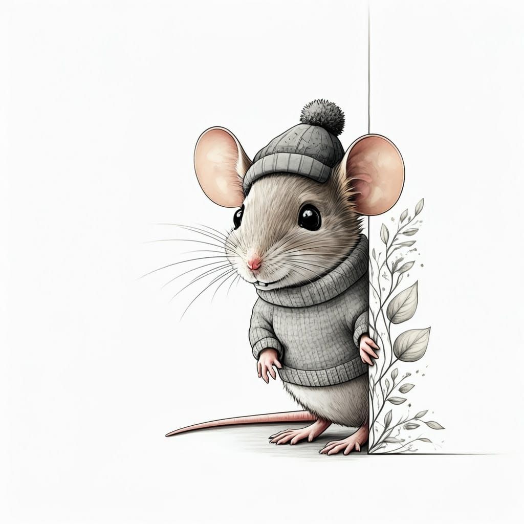 Shy Mouse Peek, Pencil Style Botanic Illustration