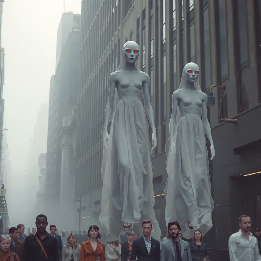 Ethereal Figures Parade in Misty Urban Street
