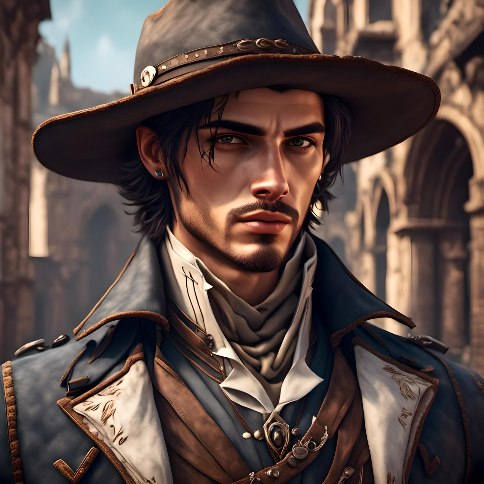 Handsome Italian Gunslinger Portrait in Fantasy Scifi