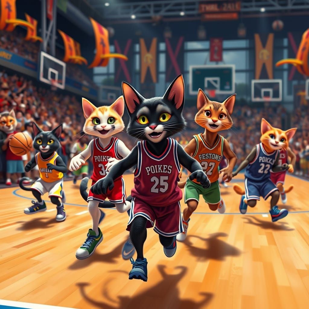 Vibrant Cats in Dynamic Basketball Scene