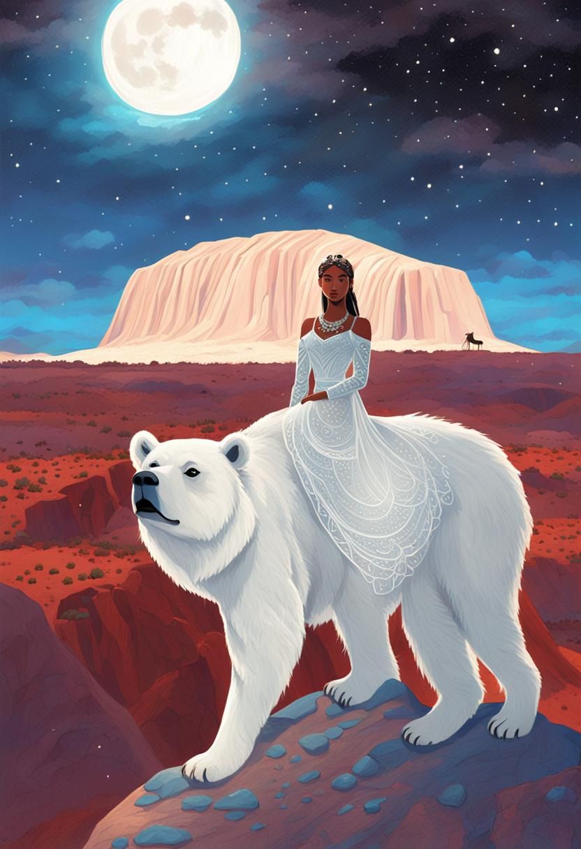 Girl Rides White Bear Under Full Moon