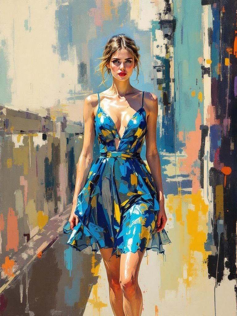 Confident Woman in Blue Sundress: Watercolor and Line Art