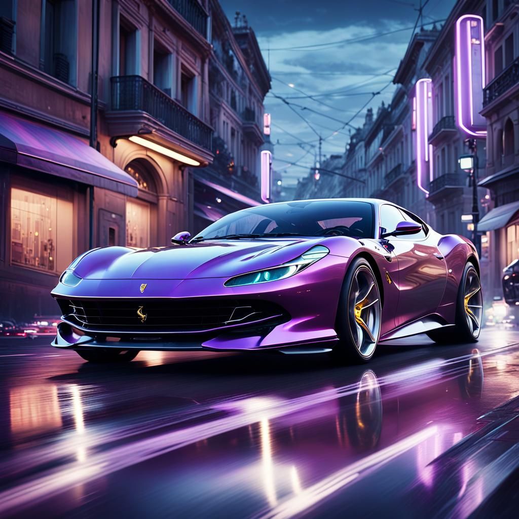 Ferrari Roma in Moody Purple Night: Hyper-Realistic Digital ...