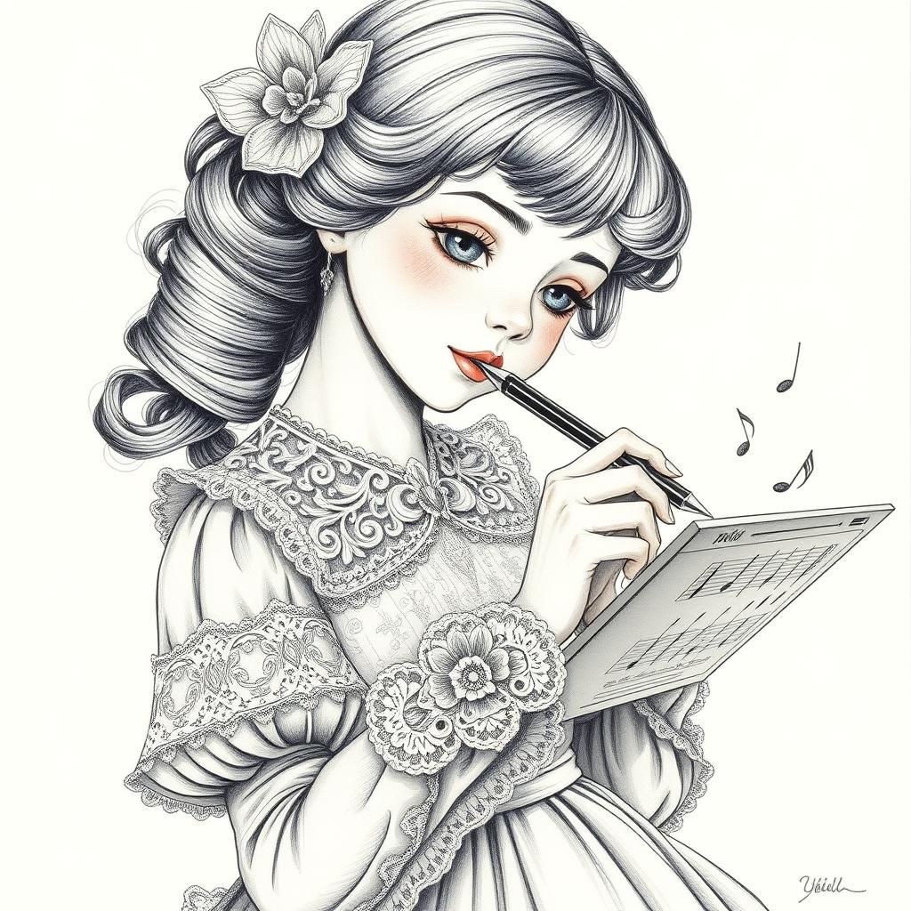 Victorian Girl Writes Music: Intricate Pencil and Pastel Art