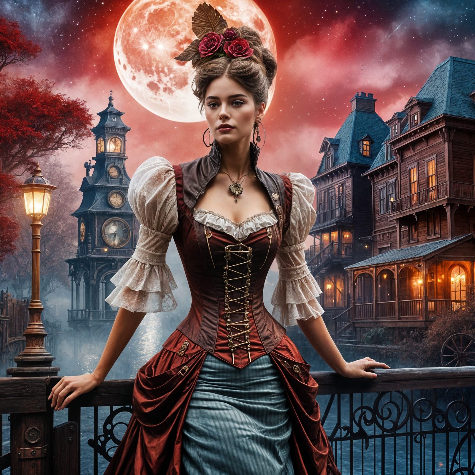 Young Women in a Steampunk Belle Epoque dress in a Mystic St...