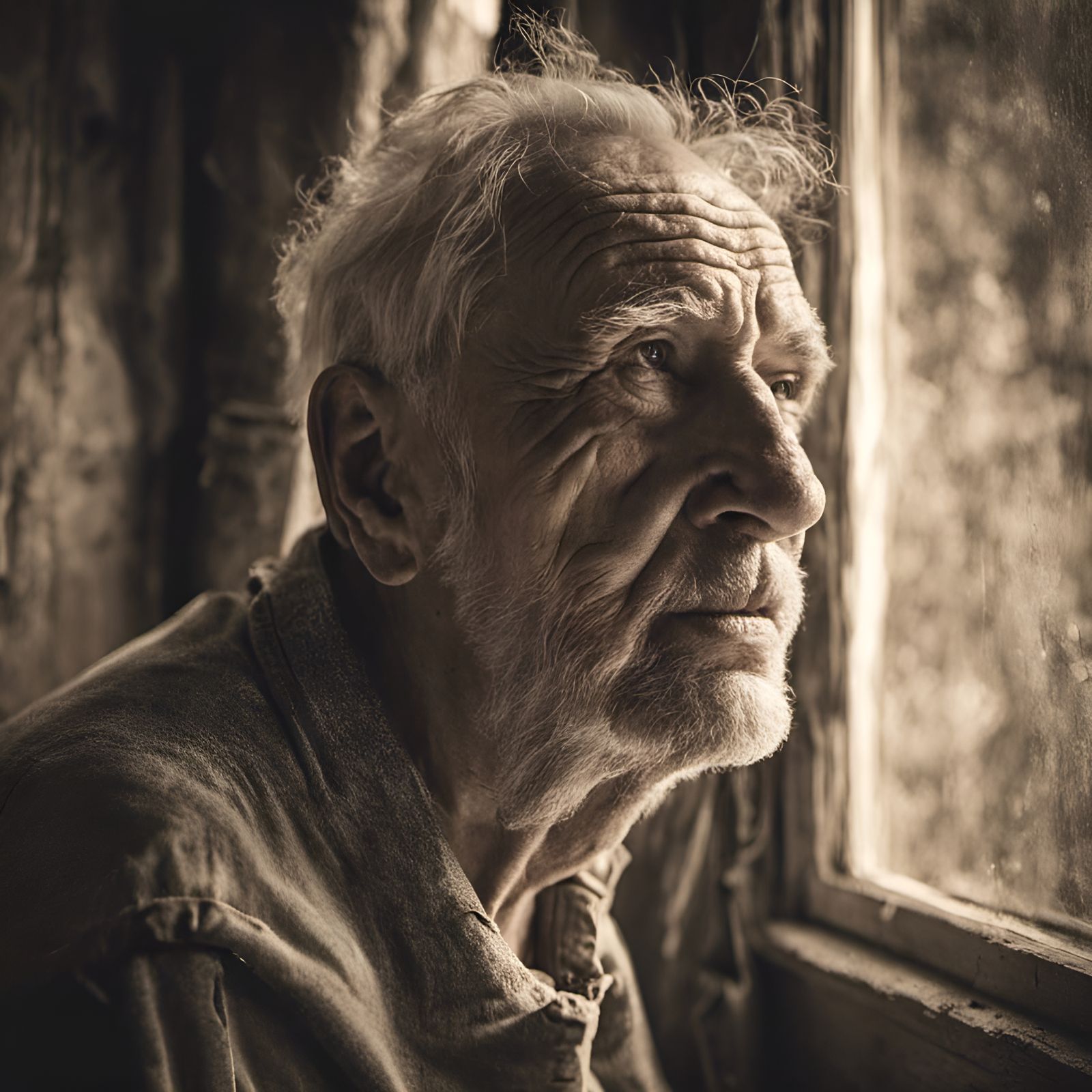 Sepia Portrait of an Old Man Longing