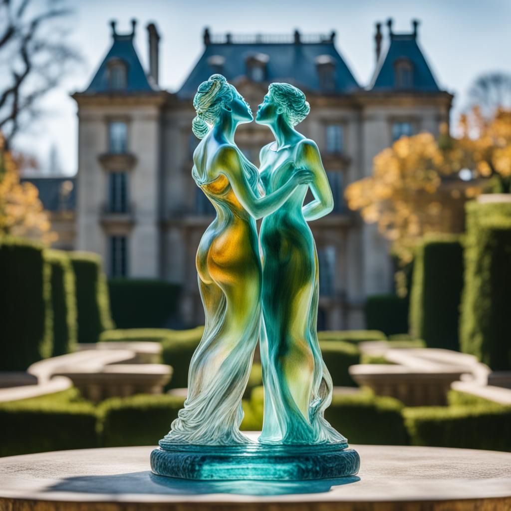 a clear blown glass figurine of a two statuesque women kissing each other in the style of Rodin in sharp focus in the fo...