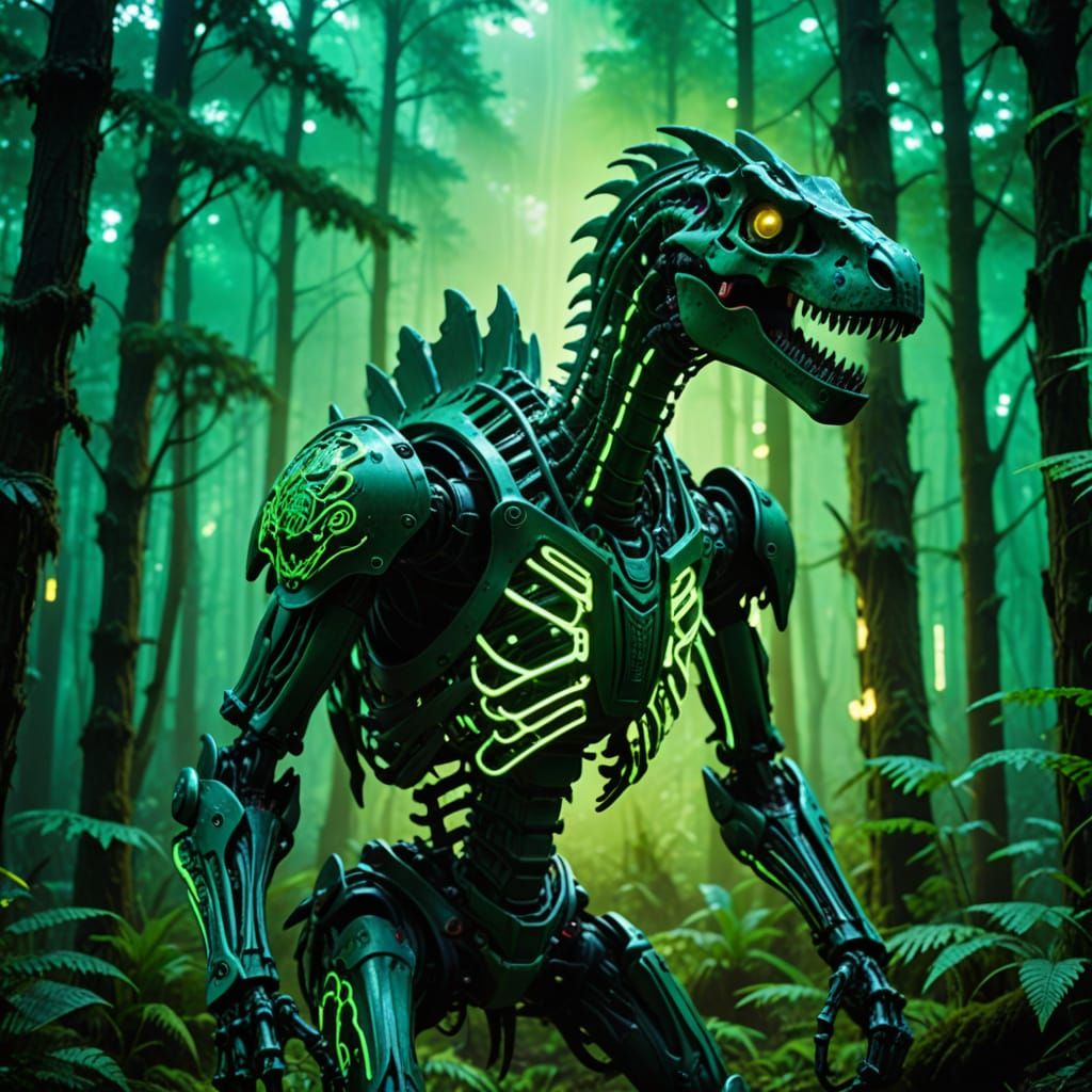 Cyberpunk Dinosaur Skeleton in Forest with Neon Lights